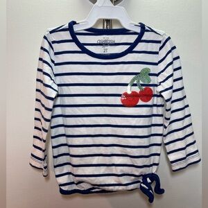 OshKosh B’gosh Girls Nautical Striped Long Sleeve Top Cherry Sequins 2T